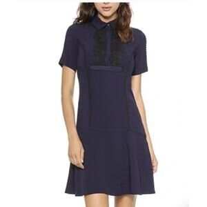 NEW Marchesa Voyage Navy Fit Flare Dress Lace Trim Short Sleeve Womens 4